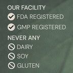 Text on a green background indicating FDA and GMP registration, and allergen-free policy.