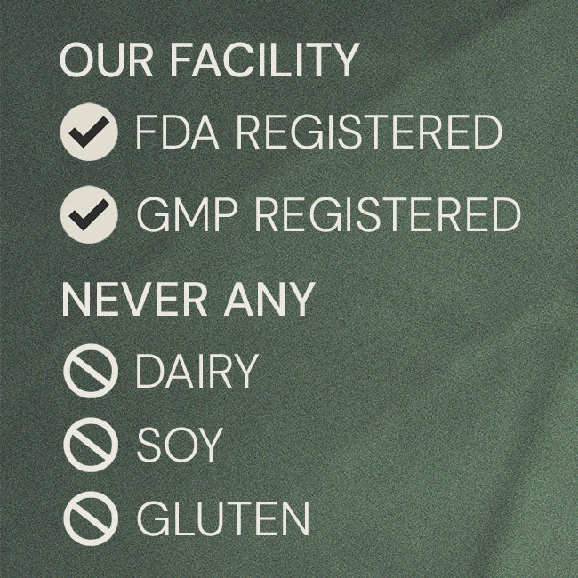 Text on a green background indicating FDA and GMP registration, and allergen-free policy.