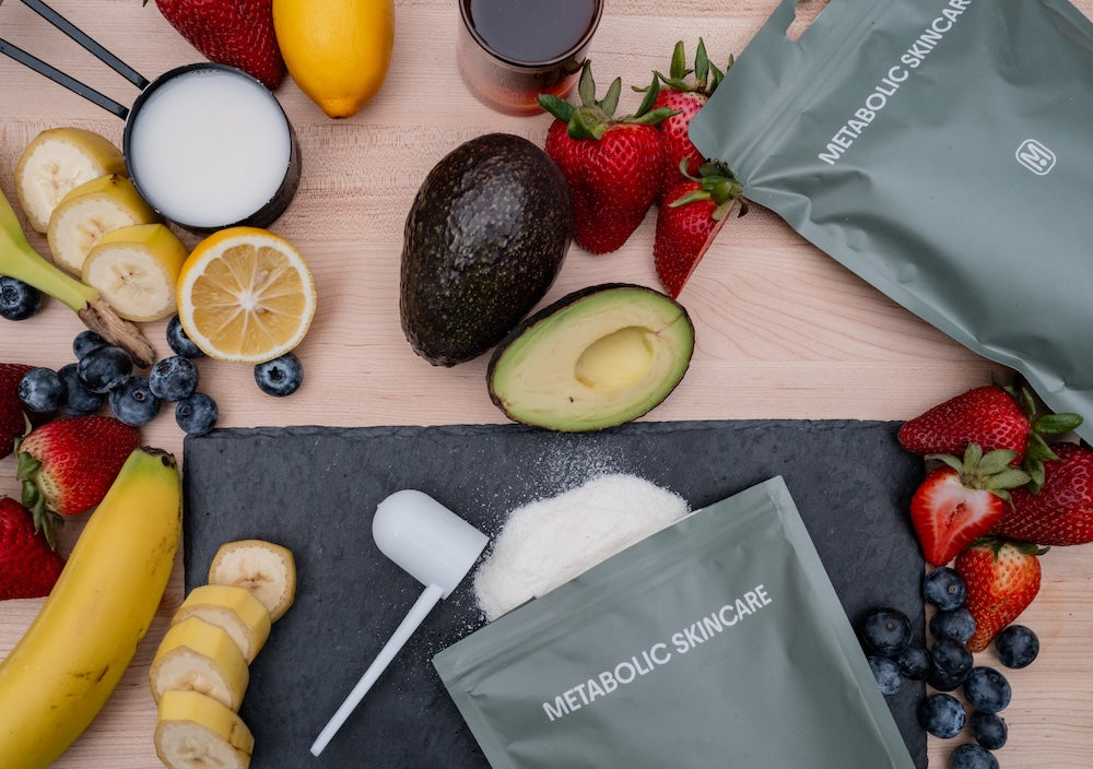 Package of metabolic skincare with smoothie ingredients