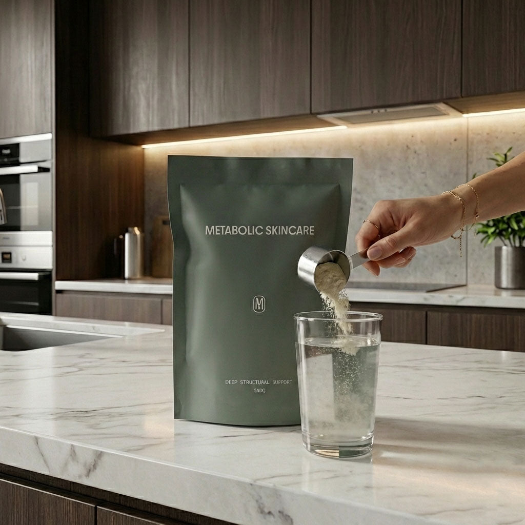 Person pouring powder from a Metabolic Skincare package into a glass on a kitchen counter.