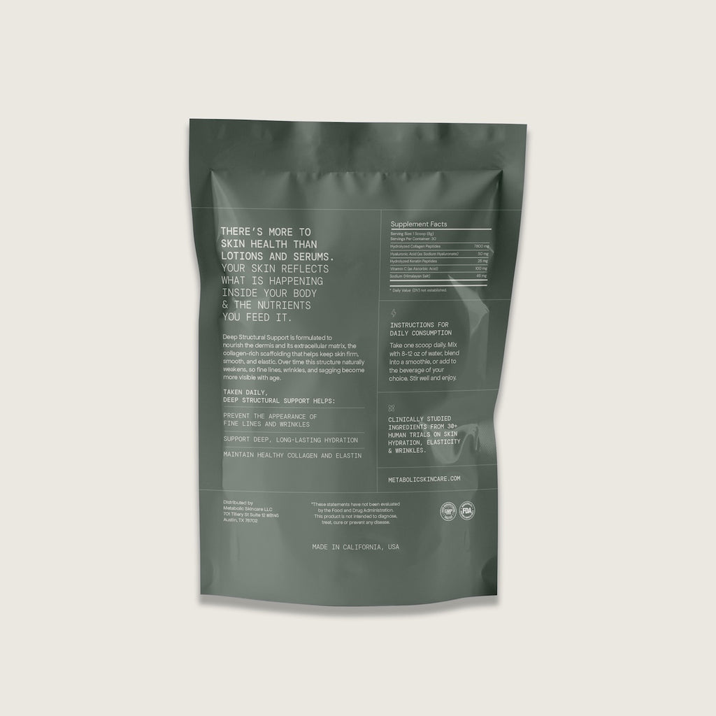 Green supplement package with text on a light gray background