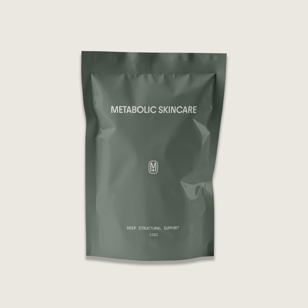 Green skincare package with 'Metabolic Skincare' branding on a light gray background