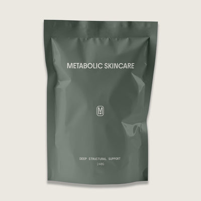 Green skincare package with 'Metabolic Skincare' branding on a light gray background